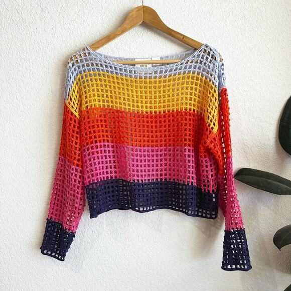 Anthropologie Tops - Anthropologie Maeve Crochet Top OS Sheer Beach Cover Rainbow Retro Boho Relaxed